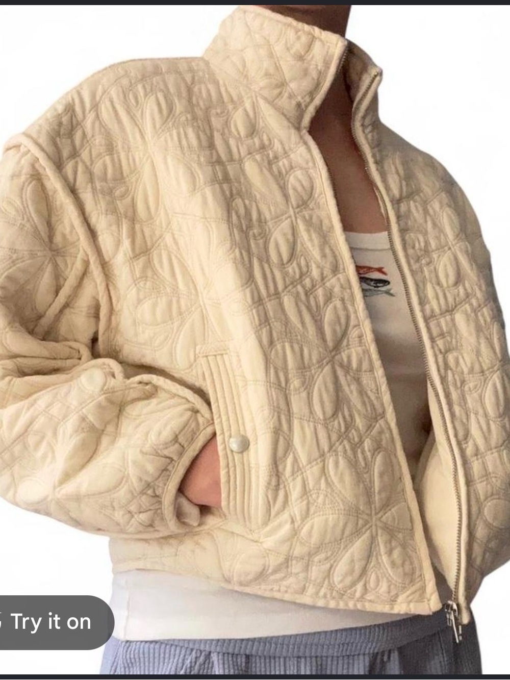 BlankNYC cream-colored floral quilted zip-up cropped bomber jacket